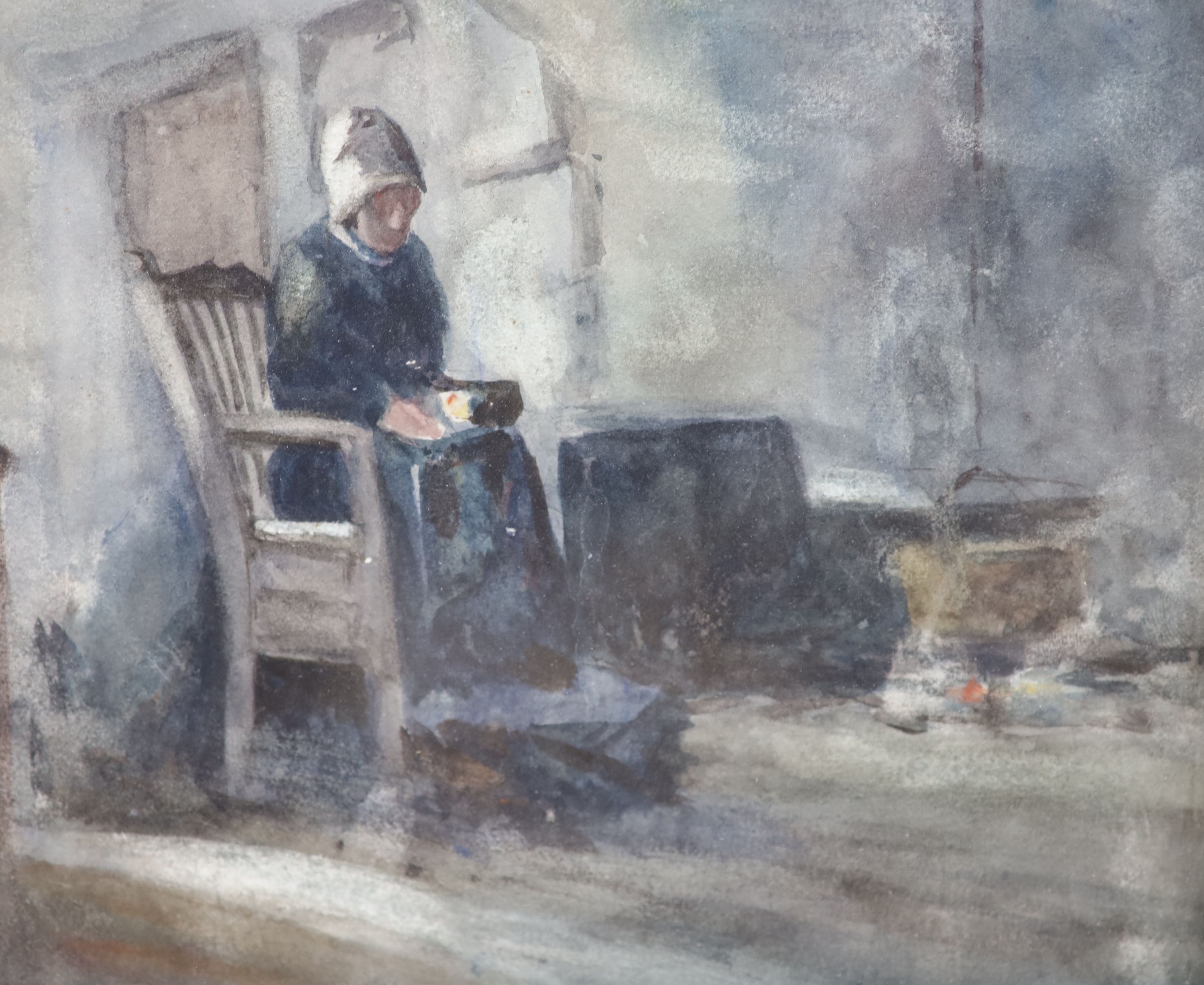 Manner of Josef Israels (Dutch 1824-1911), Interior scene with a seated figure of an elderly woman, watercolour, 17.5 x 19.5cm